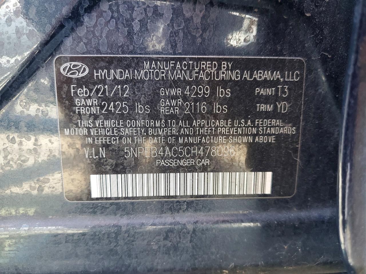 5NPEB4AC5CH478096 · 2012 HYUNDAI SONATA · 12/12