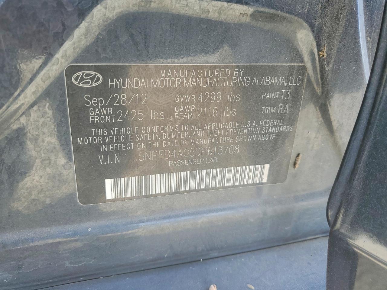 5NPEB4AC5DH613708 · 2013 HYUNDAI SONATA · 12/12
