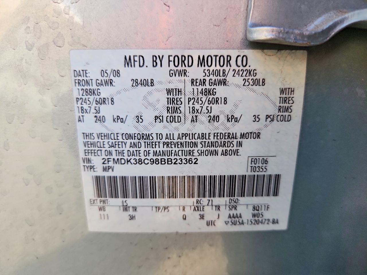 2FMDK38C98BB23362 · 2008 FORD EDGE · 12/12