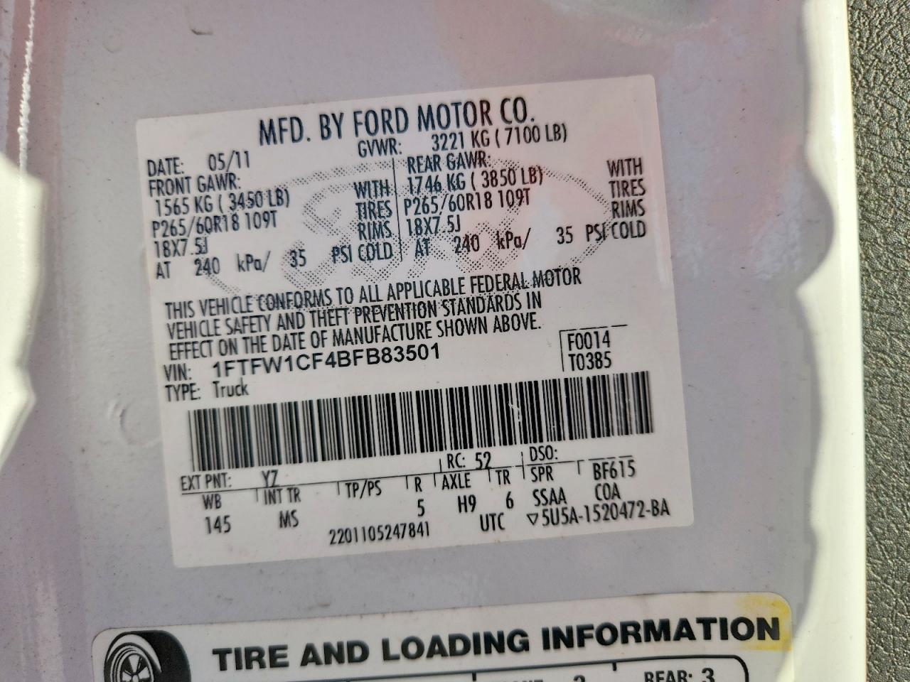 1FTFW1CF4BFB83501 · 2011 FORD F150 · 12/12