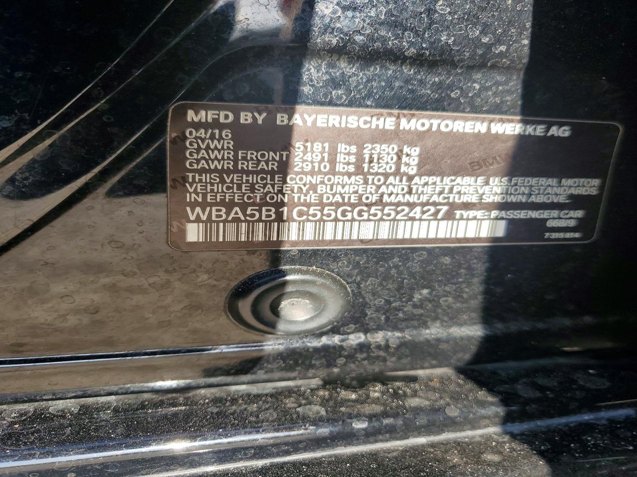 WBA5B1C55GG552427 · 2016 BMW 5 SERIES · 12/12