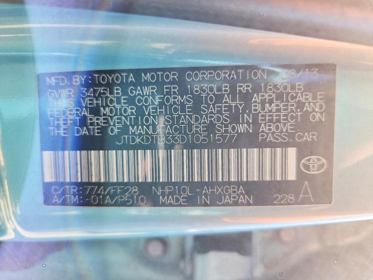 JTDKDTB33D1051577 · 2013 TOYOTA PRIUS C · 12/12