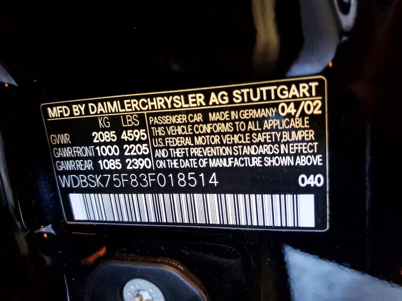 WDBSK75F83F018514 · 2003 MERCEDES-BENZ SL · 12/12