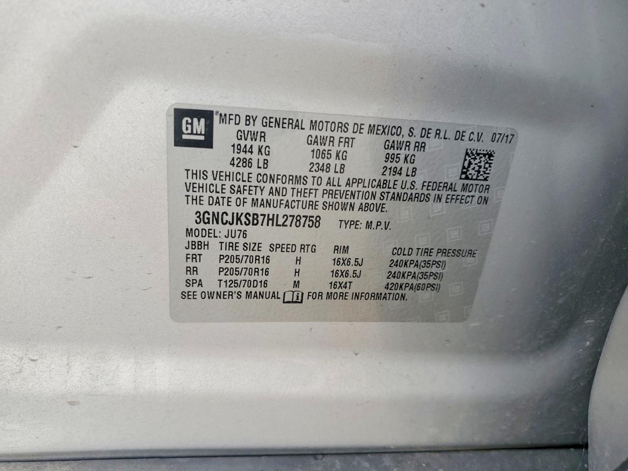 3GNCJKSB7HL278758 · 2017 CHEVROLET TRAX · 12/12