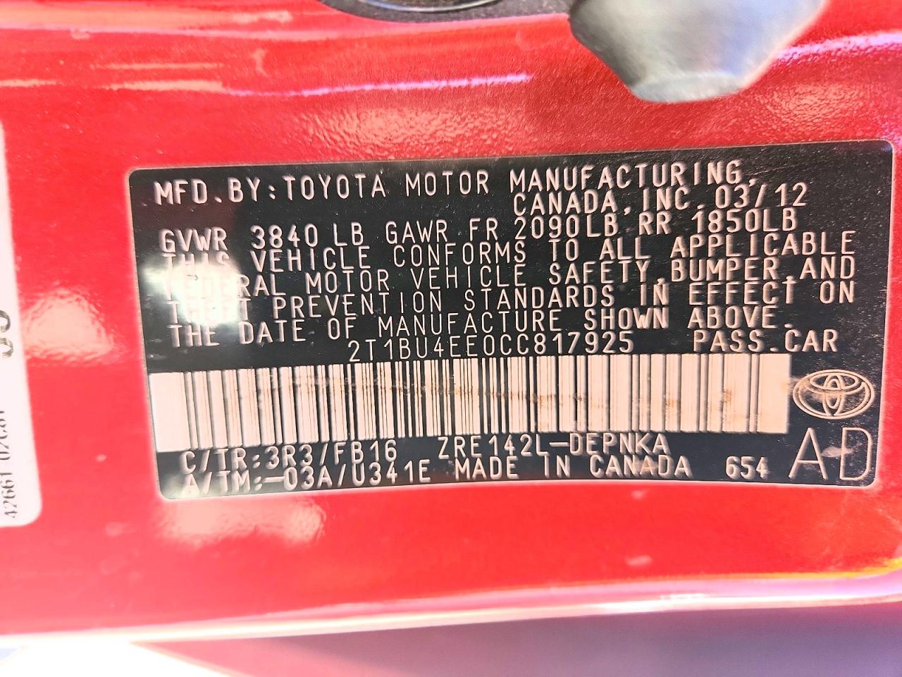 2T1BU4EE0CC817925 · 2012 TOYOTA COROLLA · 12/12