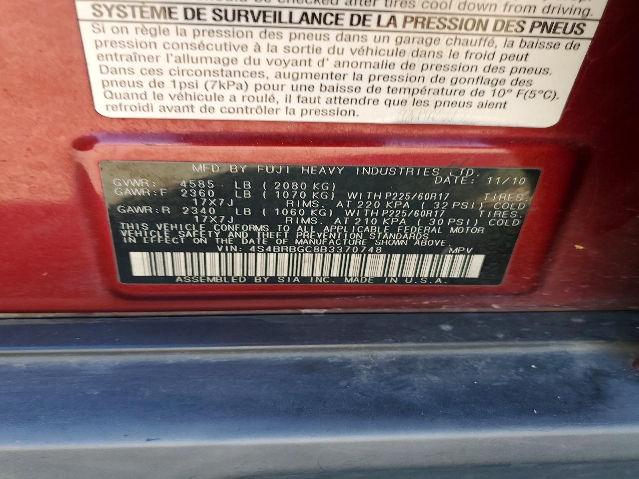 4S4BRBGC8B3370748 · 2011 SUBARU OUTBACK · 12/12