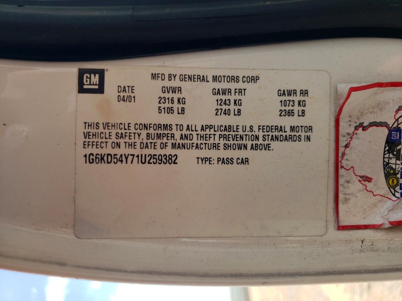 1G6KD54Y71U259382 · 2001 CADILLAC DEVILLE · 12/12