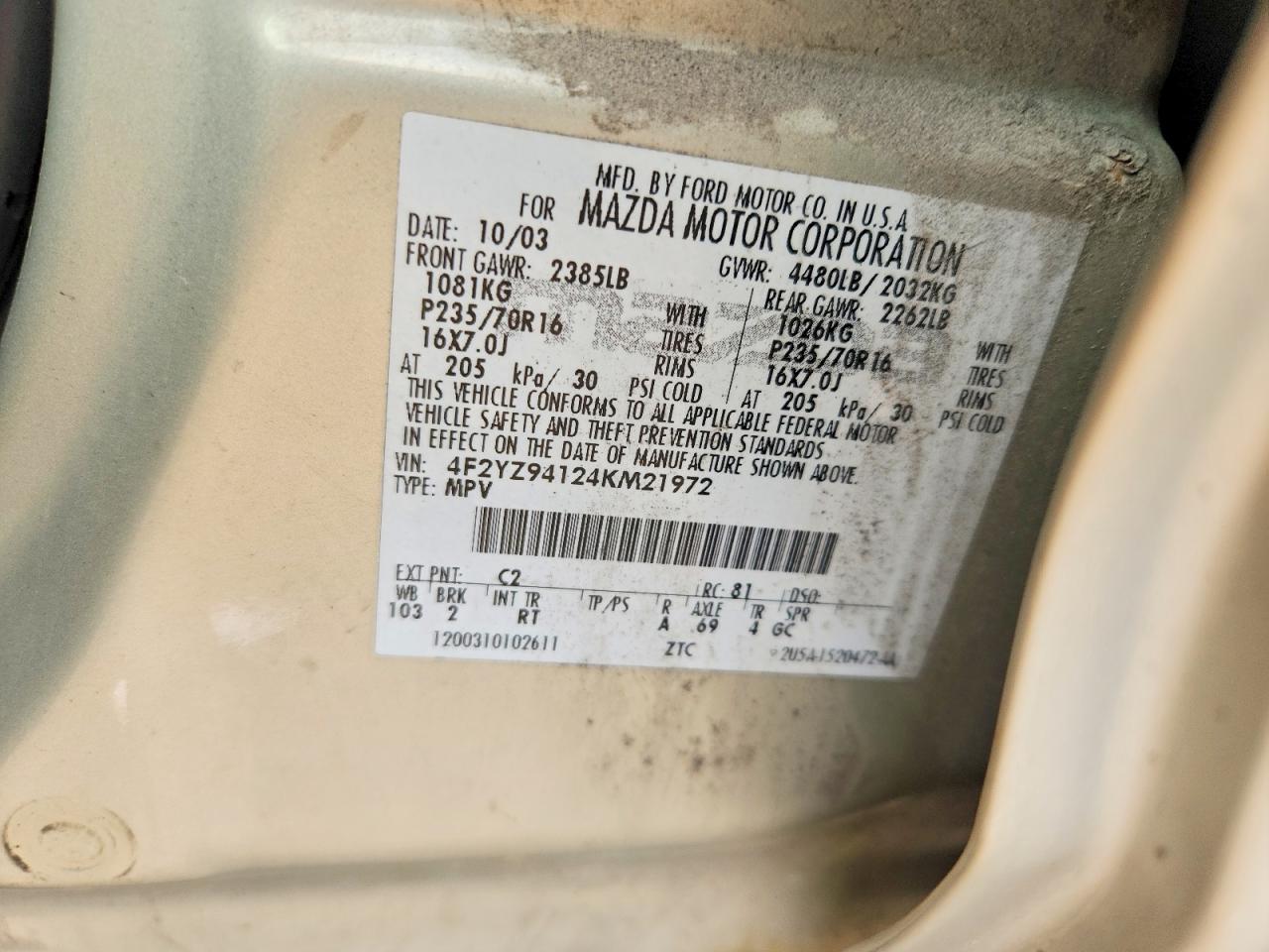 4F2YZ94124KM21972 · 2004 MAZDA TRIBUTE · 12/12
