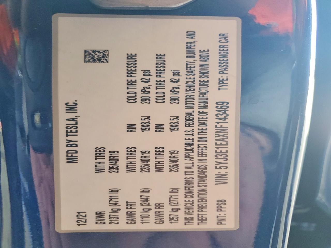 5YJ3E1EAXNF143469 · 2022 TESLA MODEL 3 · 12/12