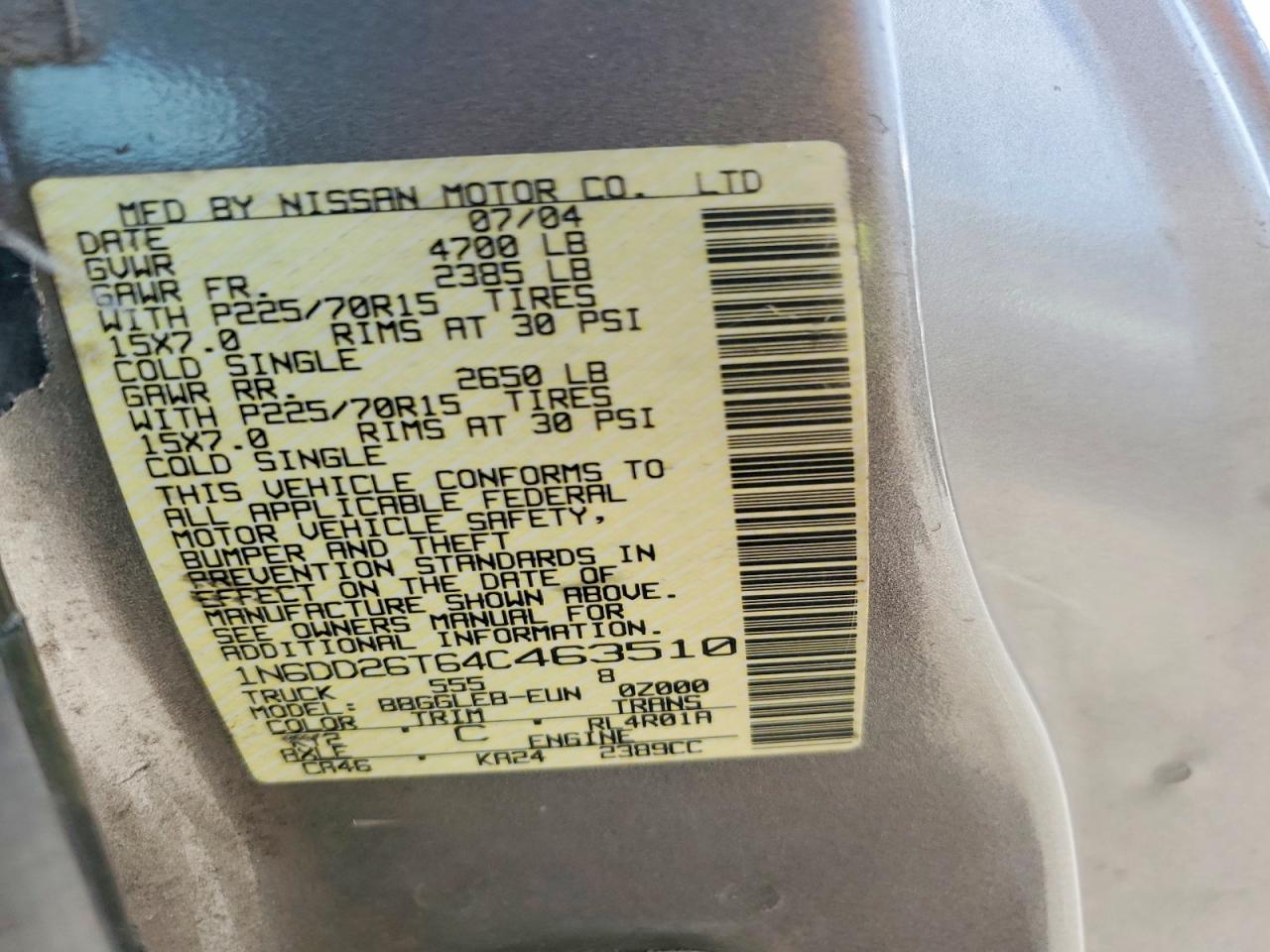 1N6DD26T64C463510 · 2004 NISSAN FRONTIER · 12/12