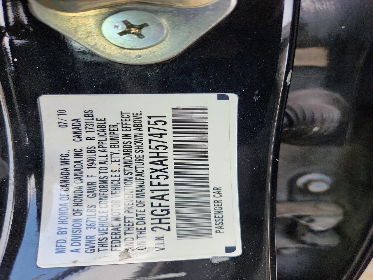 2HGFA1F5XAH574751 · 2010 HONDA CIVIC · 12/12