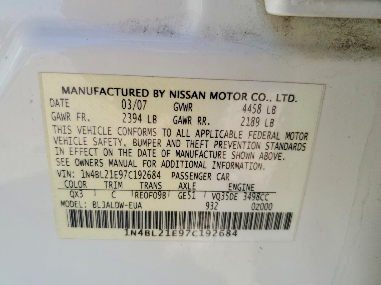 1N4BL21E97C192684 · 2007 NISSAN ALTIMA · 12/12