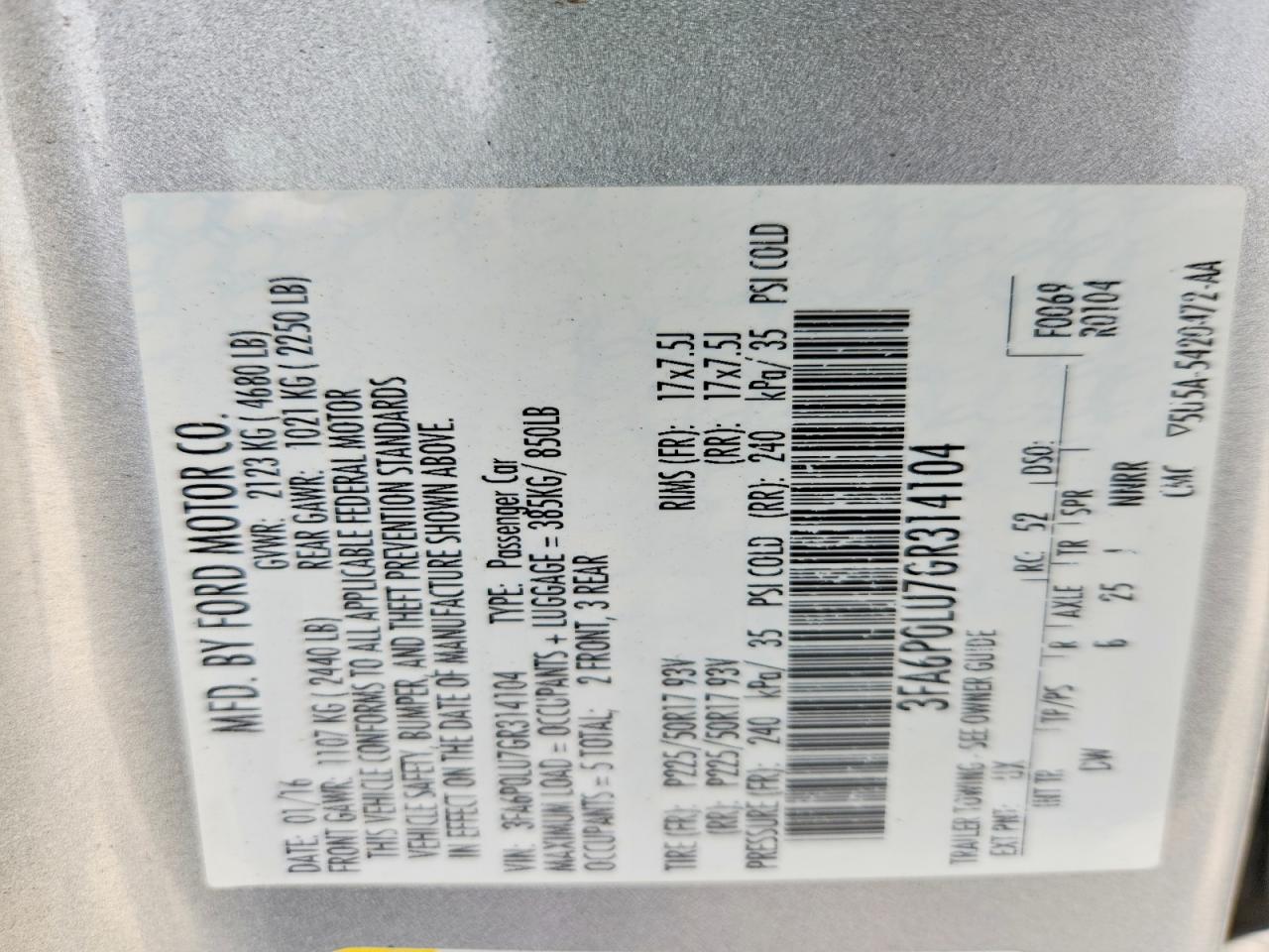 3FA6P0LU7GR314104 · 2016 FORD FUSION · 12/12