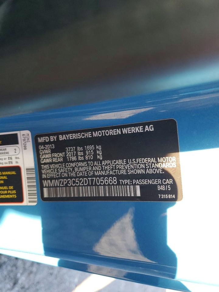 WMWZP3C52DT705668 · 2013 MINI COOPER · 12/12