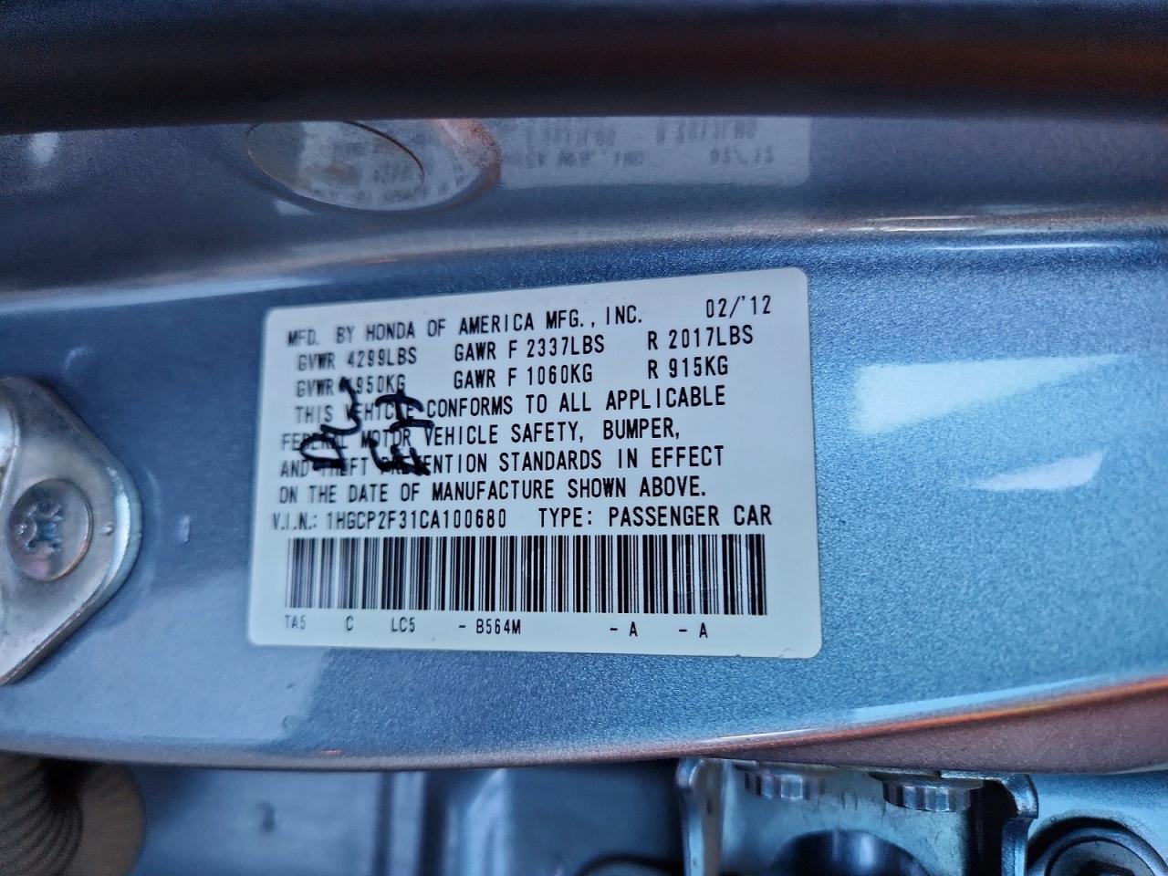 1HGCP2F31CA100680 · 2012 HONDA ACCORD · 12/12