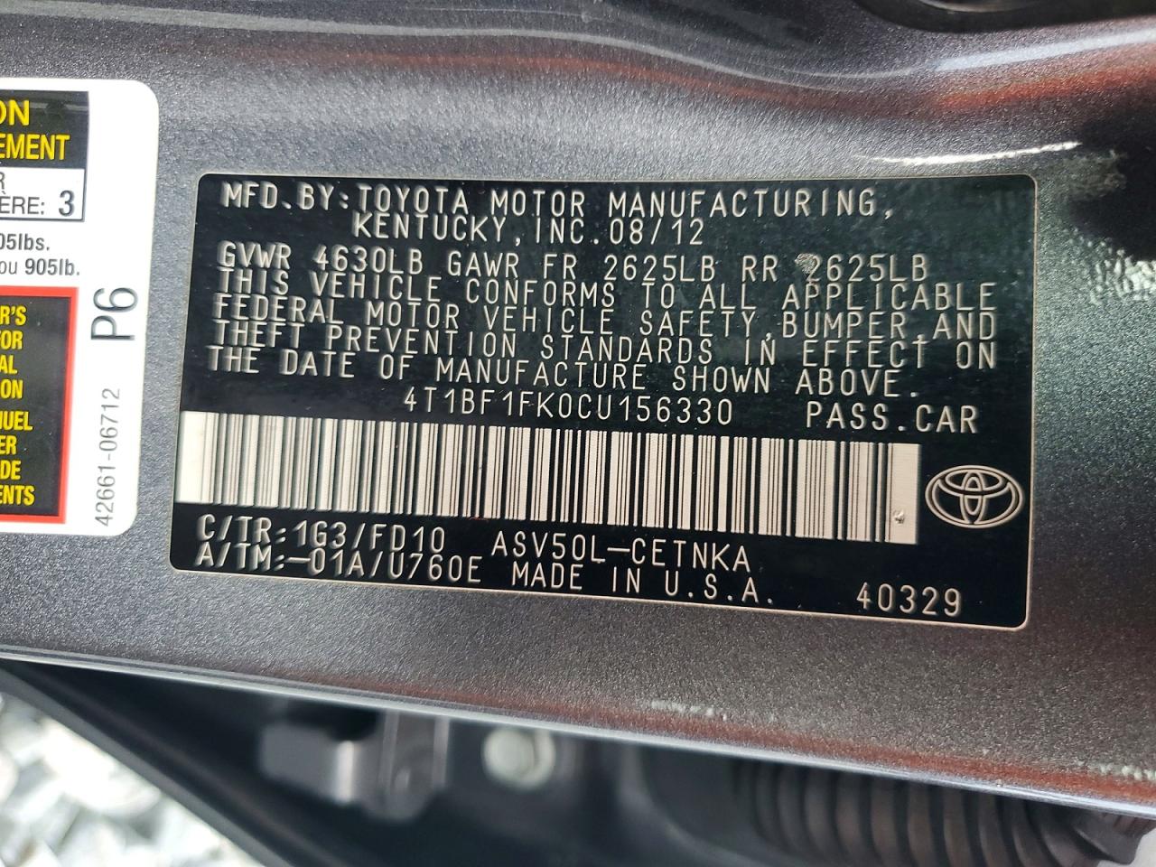 4T1BF1FK0CU156330 · 2012 TOYOTA CAMRY · 12/12