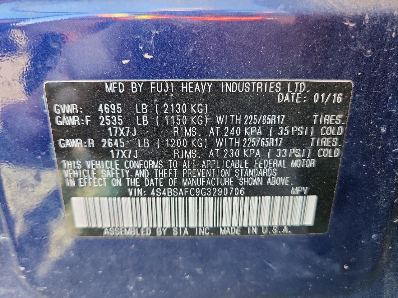 4S4BSAFC9G3290706 · 2016 SUBARU OUTBACK · 12/12