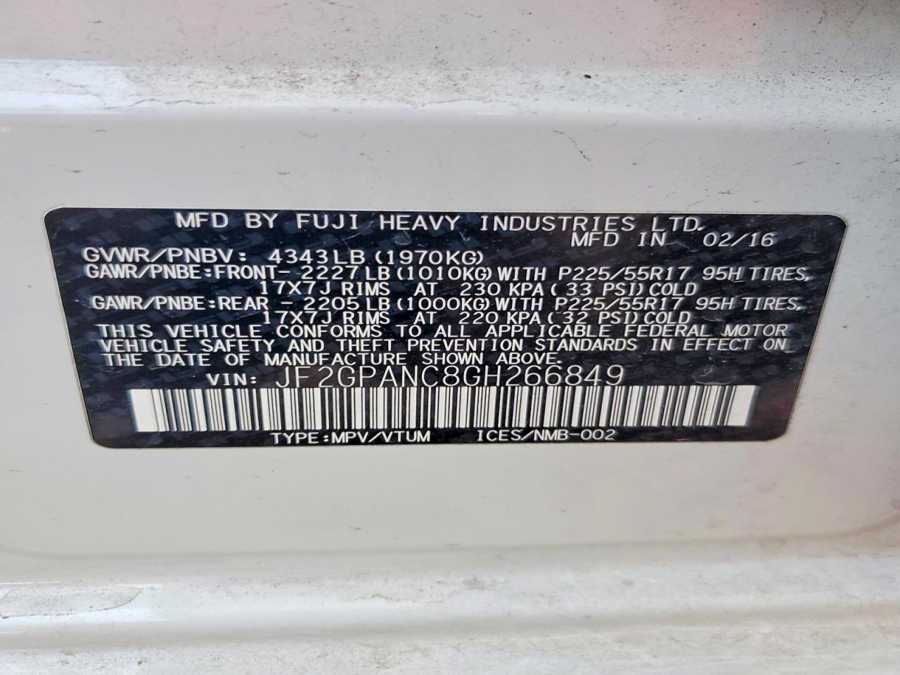 JF2GPANC8GH266849 · 2016 SUBARU CROSSTREK · 12/12