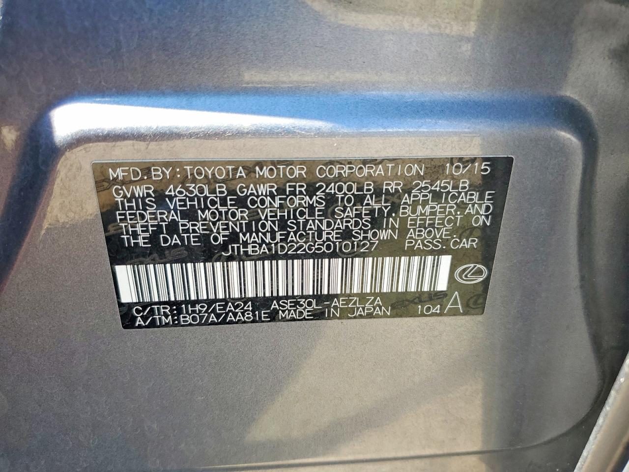 JTHBA1D22G5010127 · 2016 LEXUS IS · 12/12