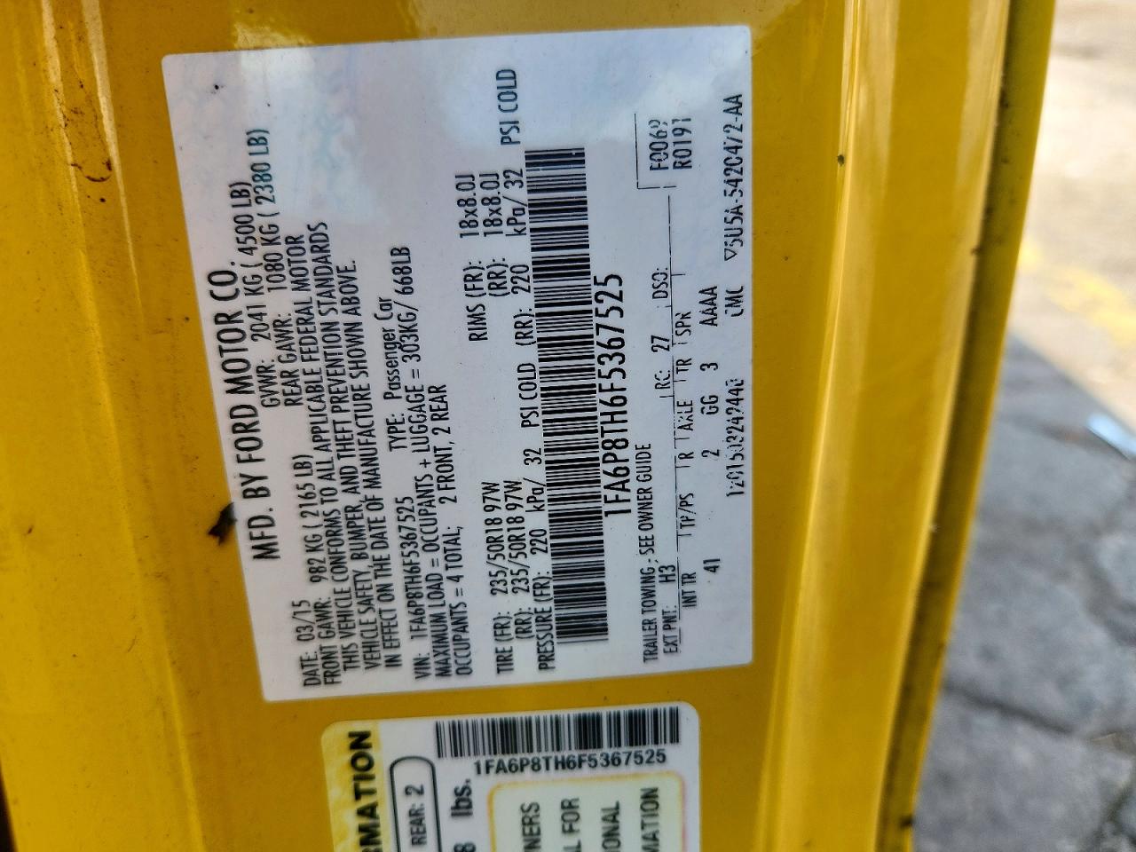 1FA6P8TH6F5367525 · 2015 FORD MUSTANG · 12/12