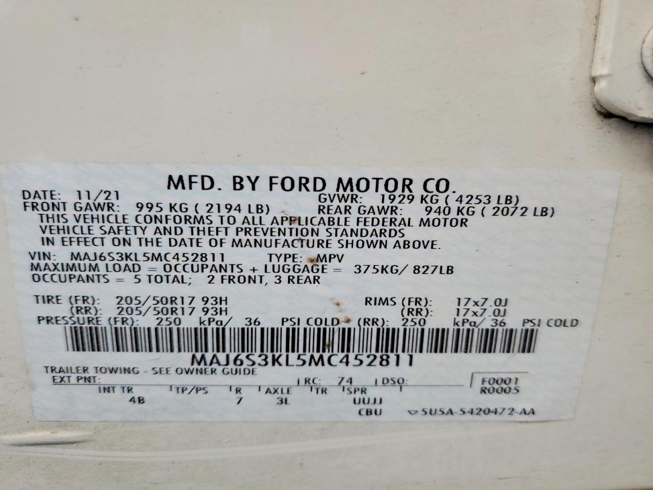 MAJ6S3KL5MC452811 · 2021 FORD ECOSPORT · 12/12