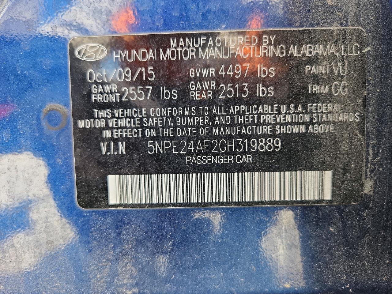 5NPE24AF2GH319889 · 2016 HYUNDAI SONATA · 12/12