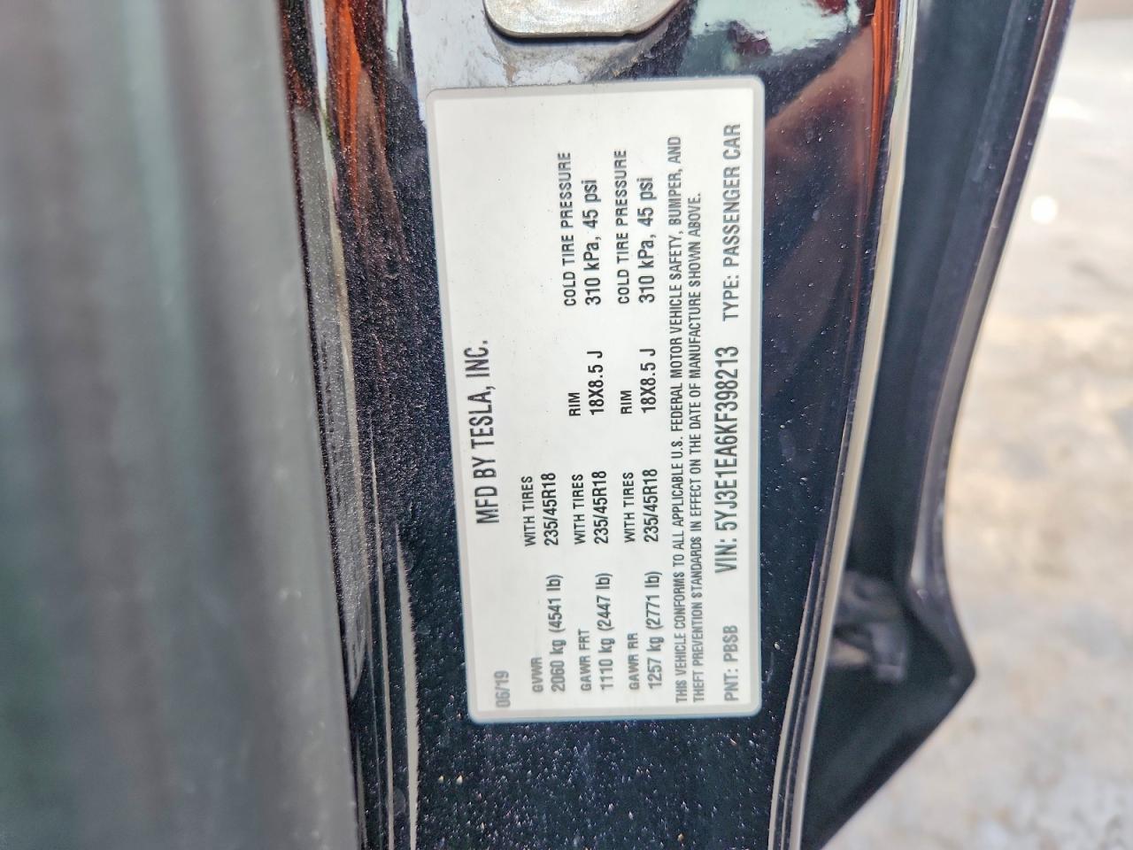 5YJ3E1EA6KF398213 · 2019 TESLA MODEL 3 · 12/12