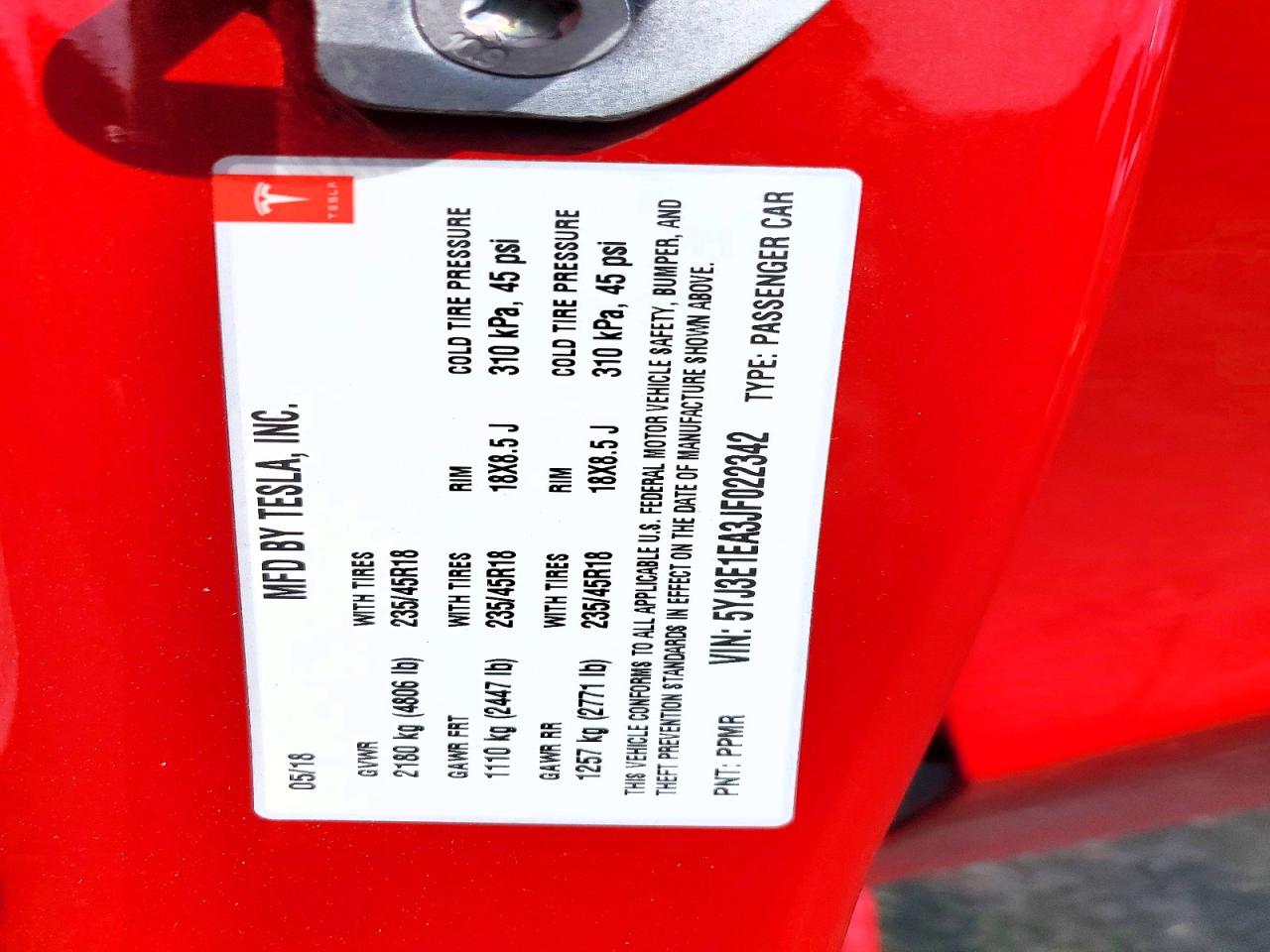 5YJ3E1EA3JF022342 · 2018 TESLA MODEL 3 · 12/12