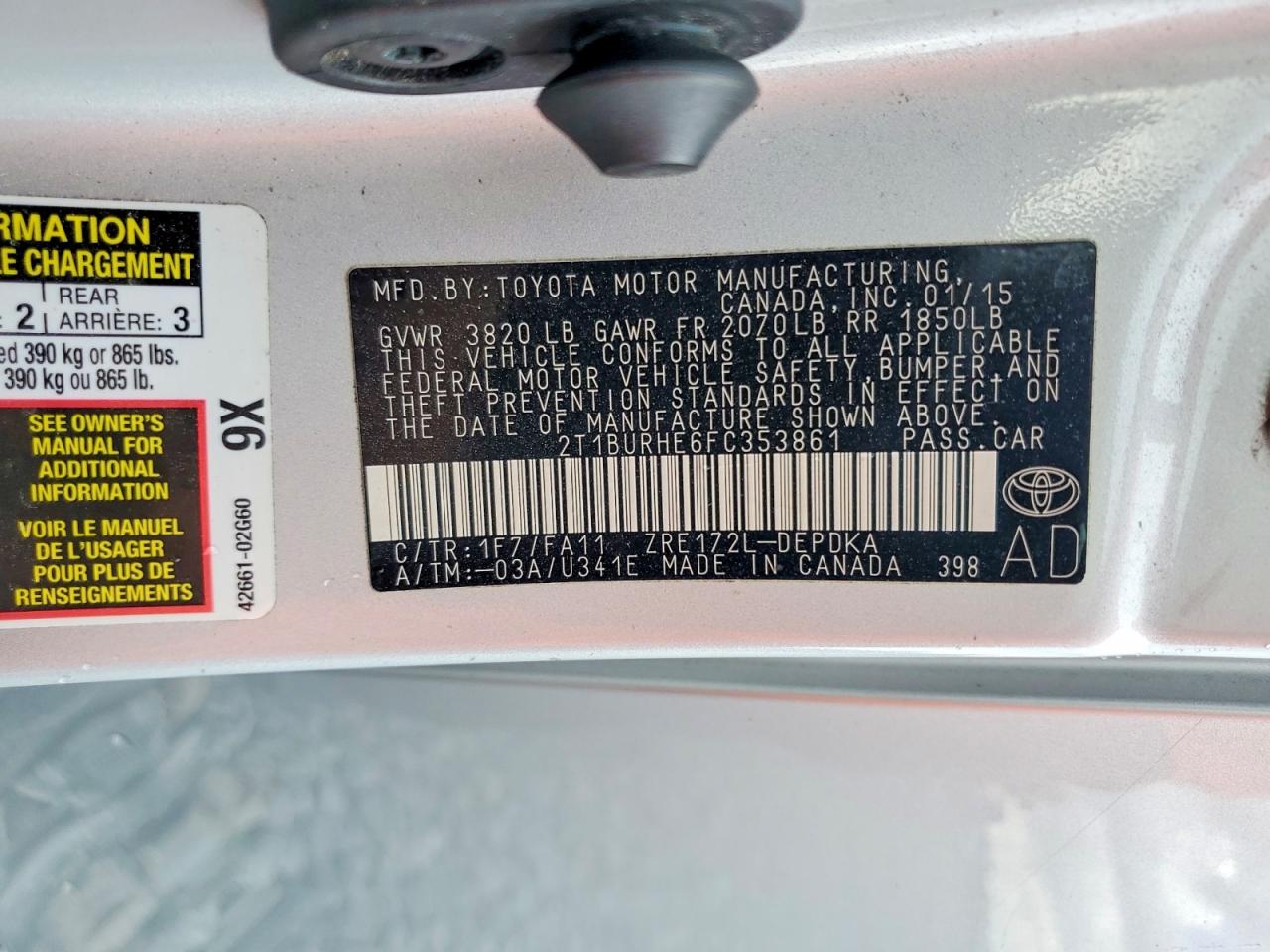2T1BURHE6FC353861 · 2015 TOYOTA COROLLA · 12/12