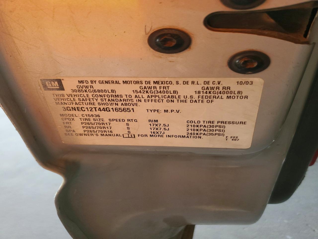 3GNEC12T44G165651 · 2004 CHEVROLET AVALANCHE · 12/12