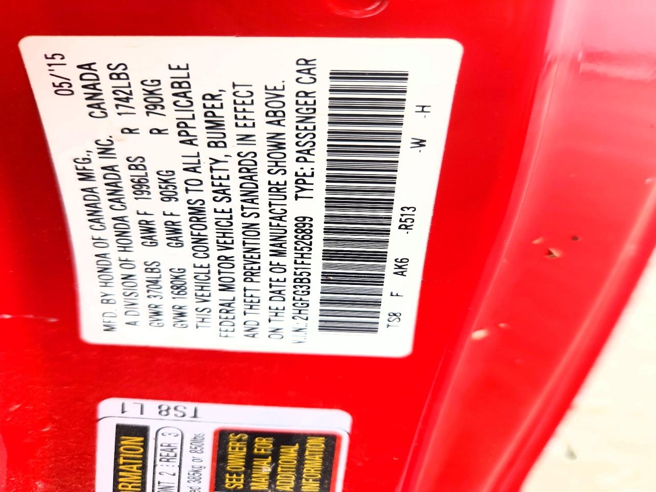 2HGFG3B51FH526899 · 2015 HONDA CIVIC · 12/12