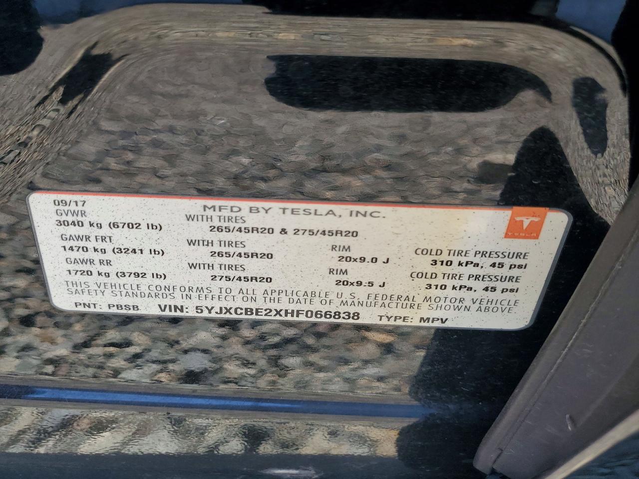 5YJXCBE2XHF066838 · 2017 TESLA MODEL X · 12/12