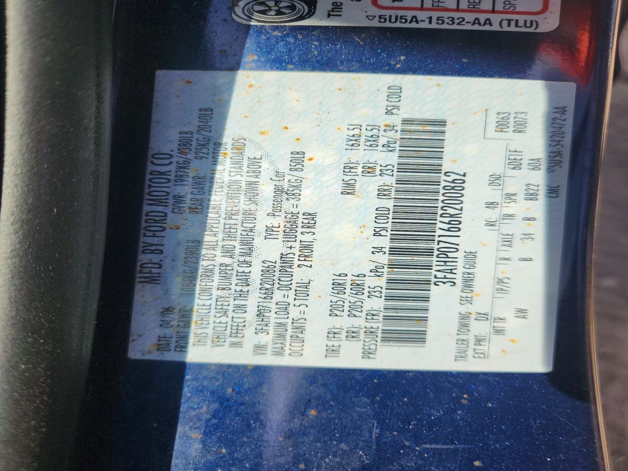 3FAHP07166R200862 · 2006 FORD FUSION · 12/12
