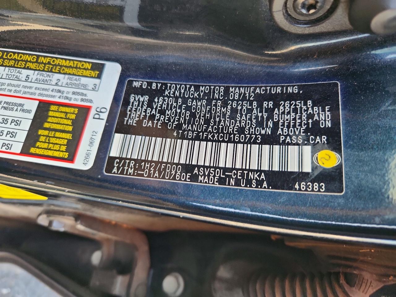 4T1BF1FKXCU160773 · 2012 TOYOTA CAMRY · 12/12