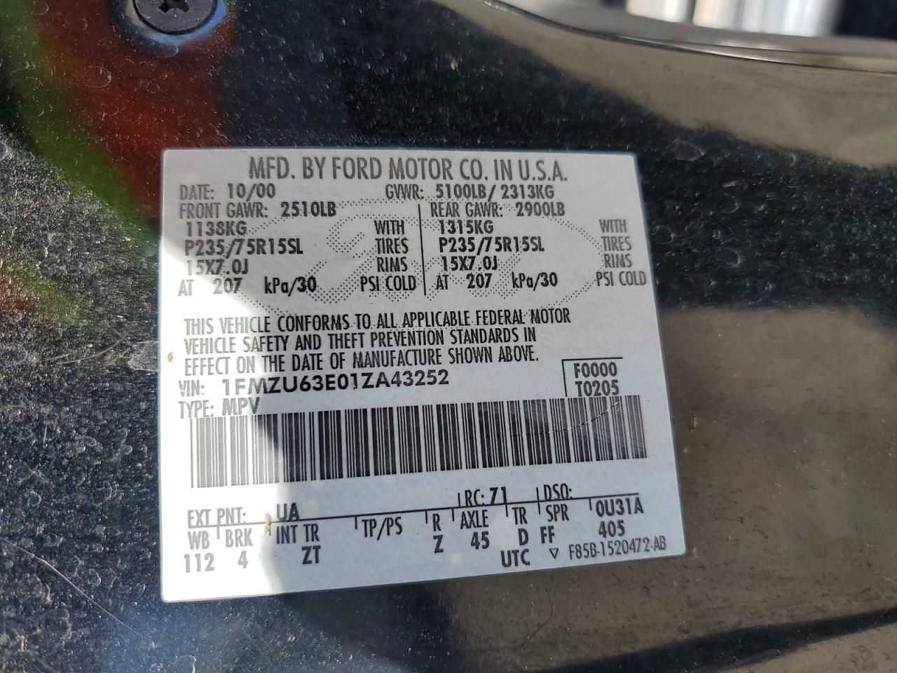 1FMZU63E01ZA43252 · 2001 FORD EXPLORER · 12/12