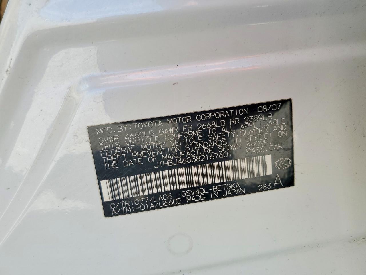 JTHBJ46G382167601 · 2008 LEXUS ES · 12/12