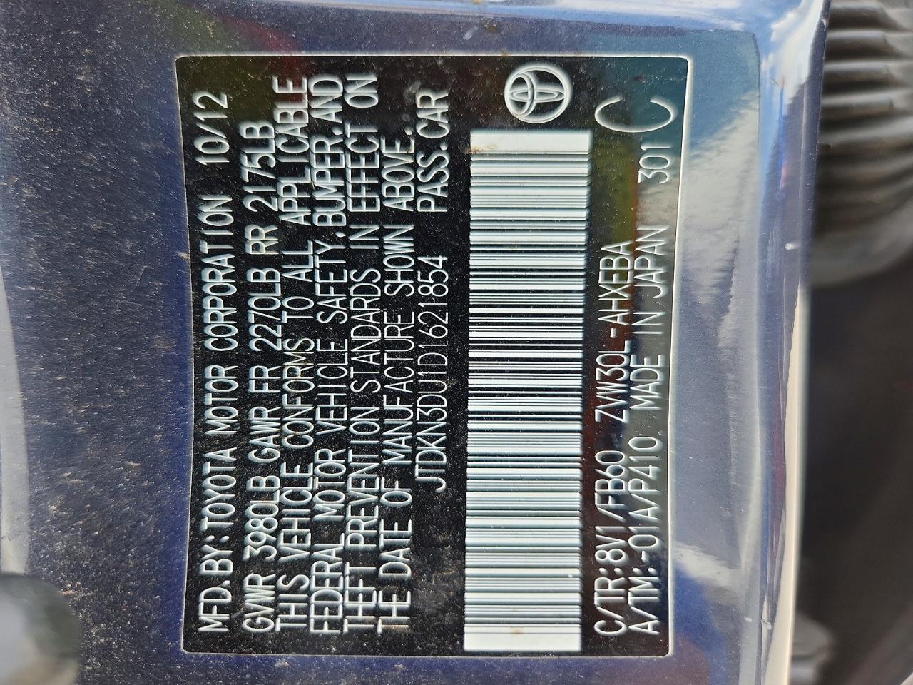 JTDKN3DU1D1621854 · 2013 TOYOTA PRIUS · 12/12