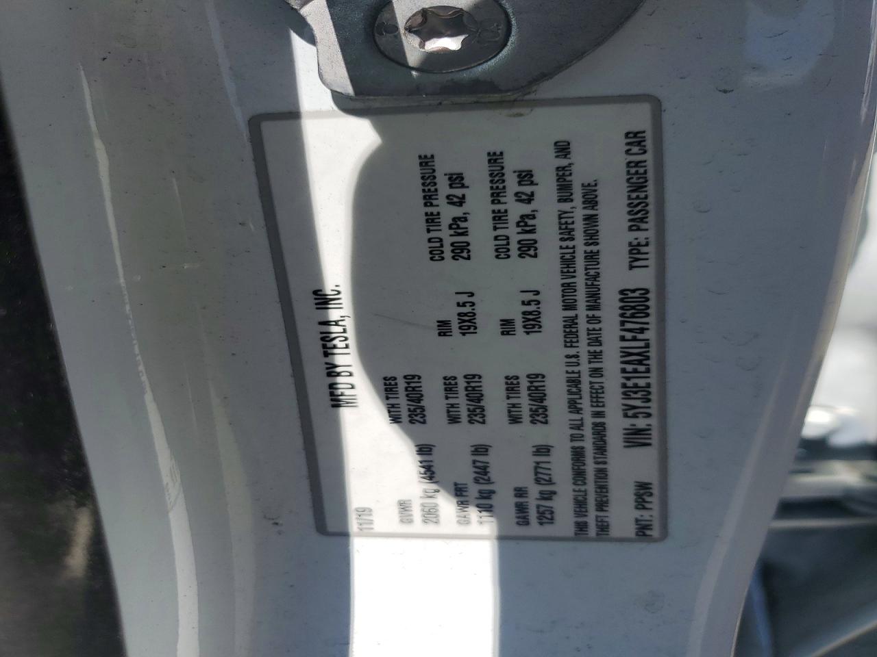 5YJ3E1EAXLF476803 · 2020 TESLA MODEL 3 · 12/12