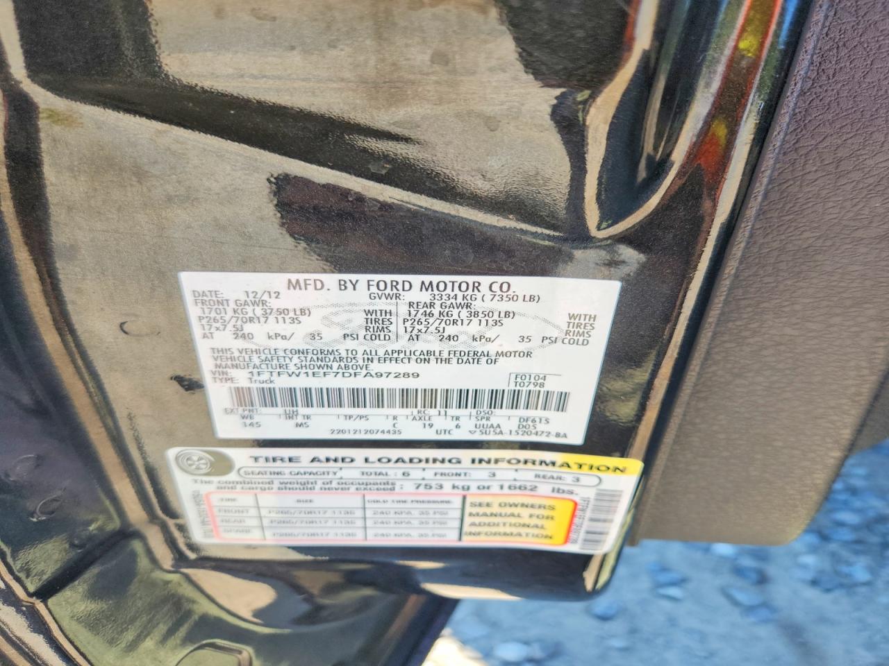 1FTFW1EF7DFA97289 · 2013 FORD F150 · 12/12