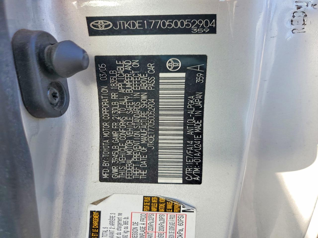 JTKDE177050052904 · 2005 TOYOTA SCION TC · 12/12