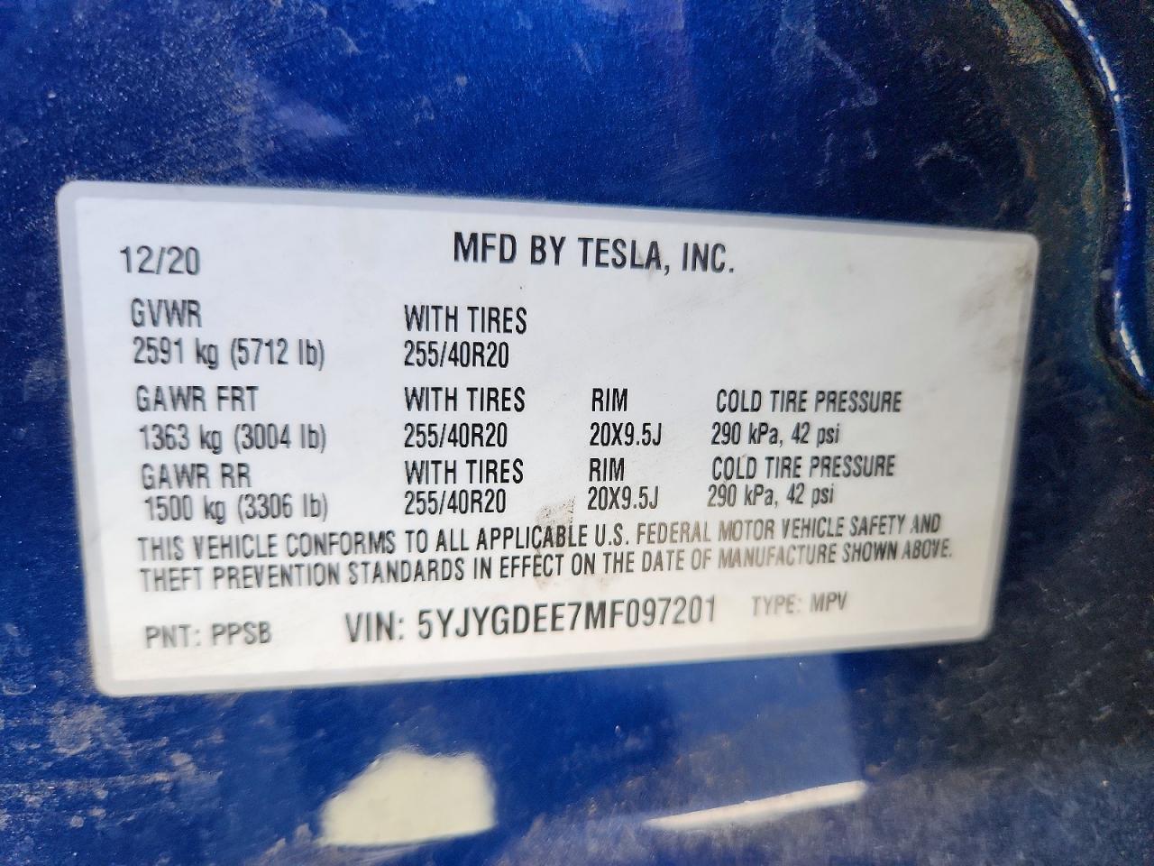 5YJYGDEE7MF097201 · 2021 TESLA MODEL Y · 12/12