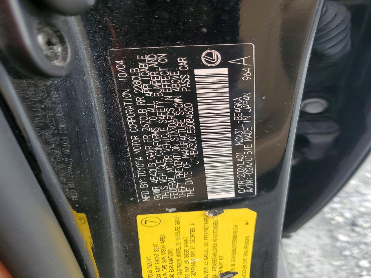JTHBA30G155084620 · 2005 LEXUS ES · 12/12