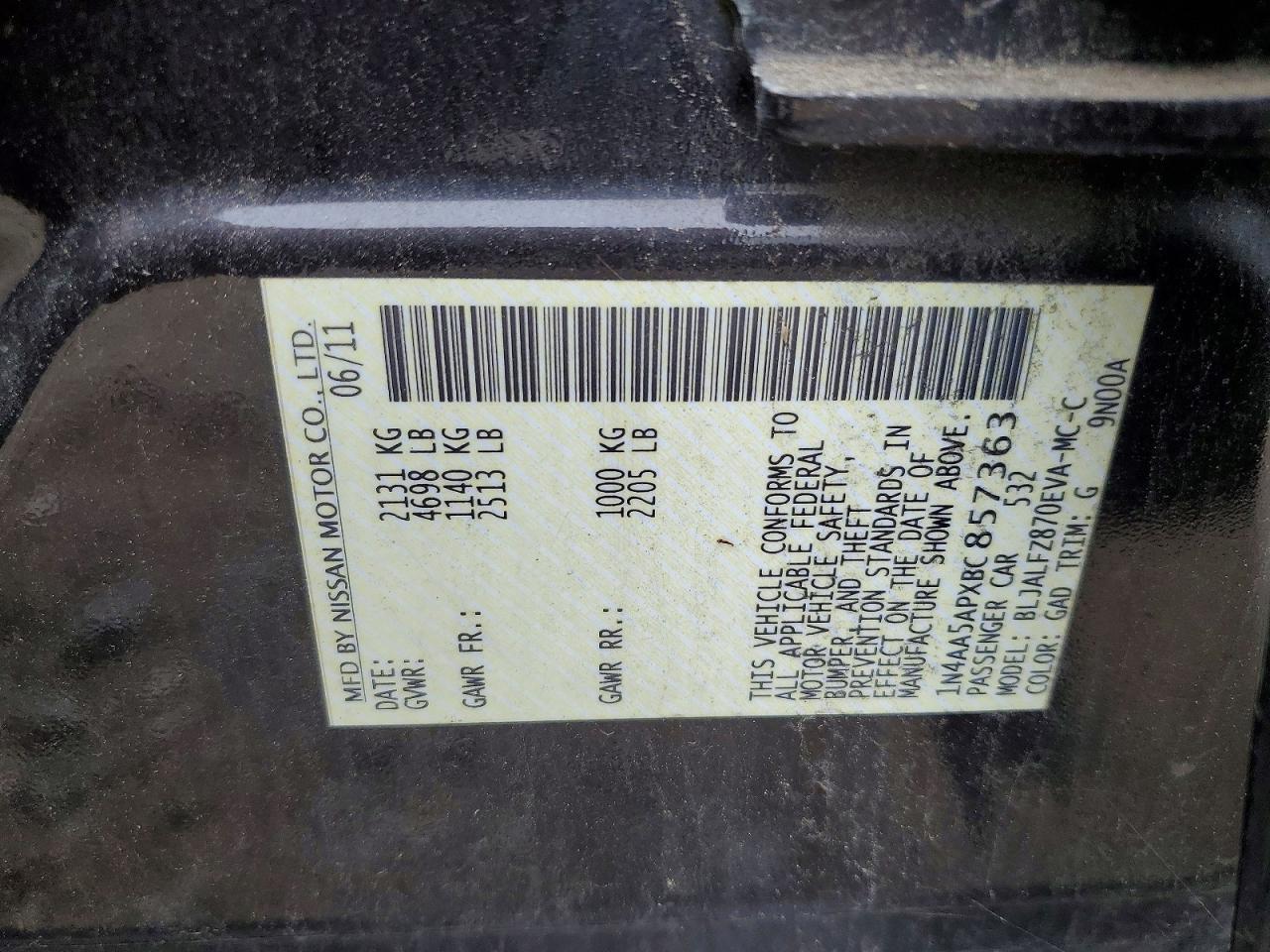 1N4AA5APXBC857363 · 2011 NISSAN MAXIMA · 12/12