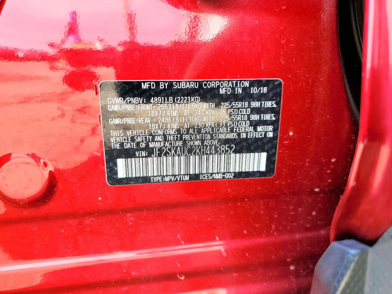 JF2SKAUC2KH443852 · 2019 SUBARU FORESTER · 12/12