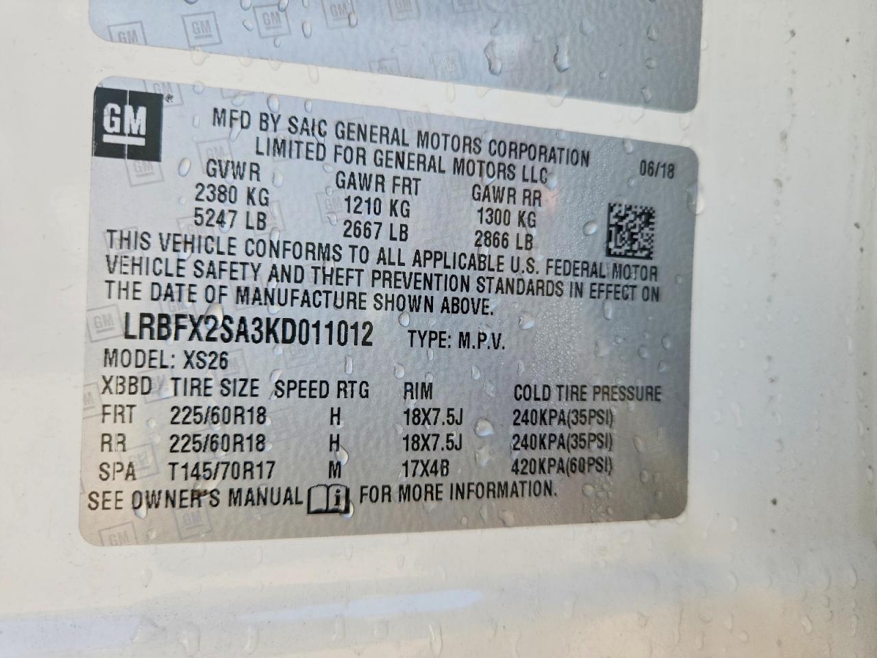 LRBFX2SA3KD011012 · 2019 BUICK ENVISION · 12/12