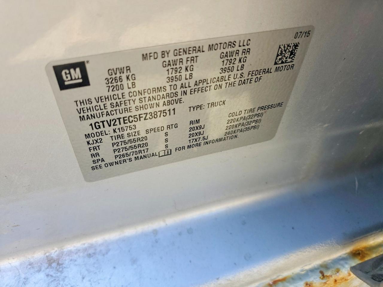 1GTV2TEC5FZ387511 · 2015 GMC SIERRA · 12/12