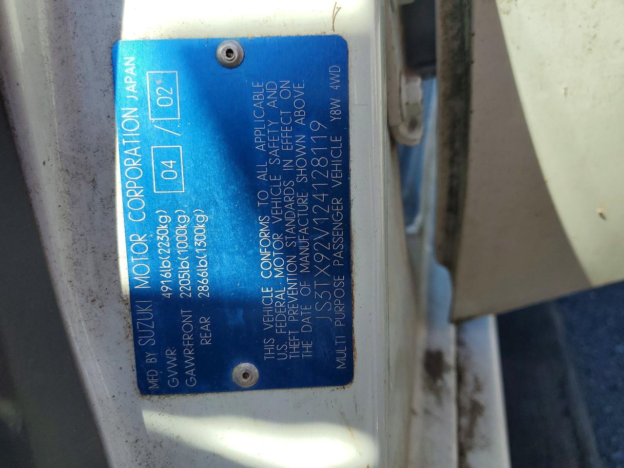 JS3TX92V124128119 · 2002 SUZUKI XL7 · 12/12