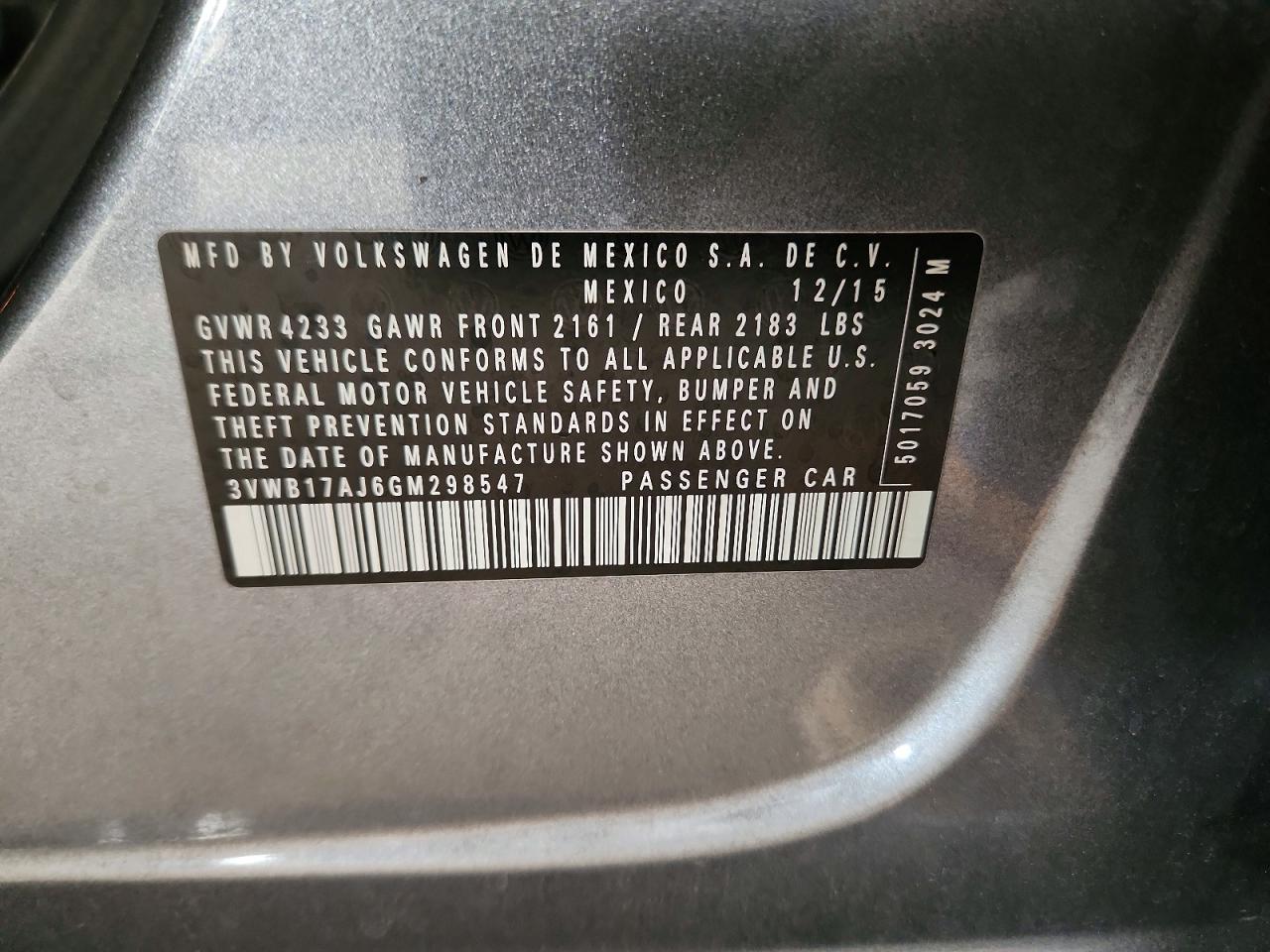 3VWB17AJ6GM298547 · 2016 VOLKSWAGEN JETTA · 12/12