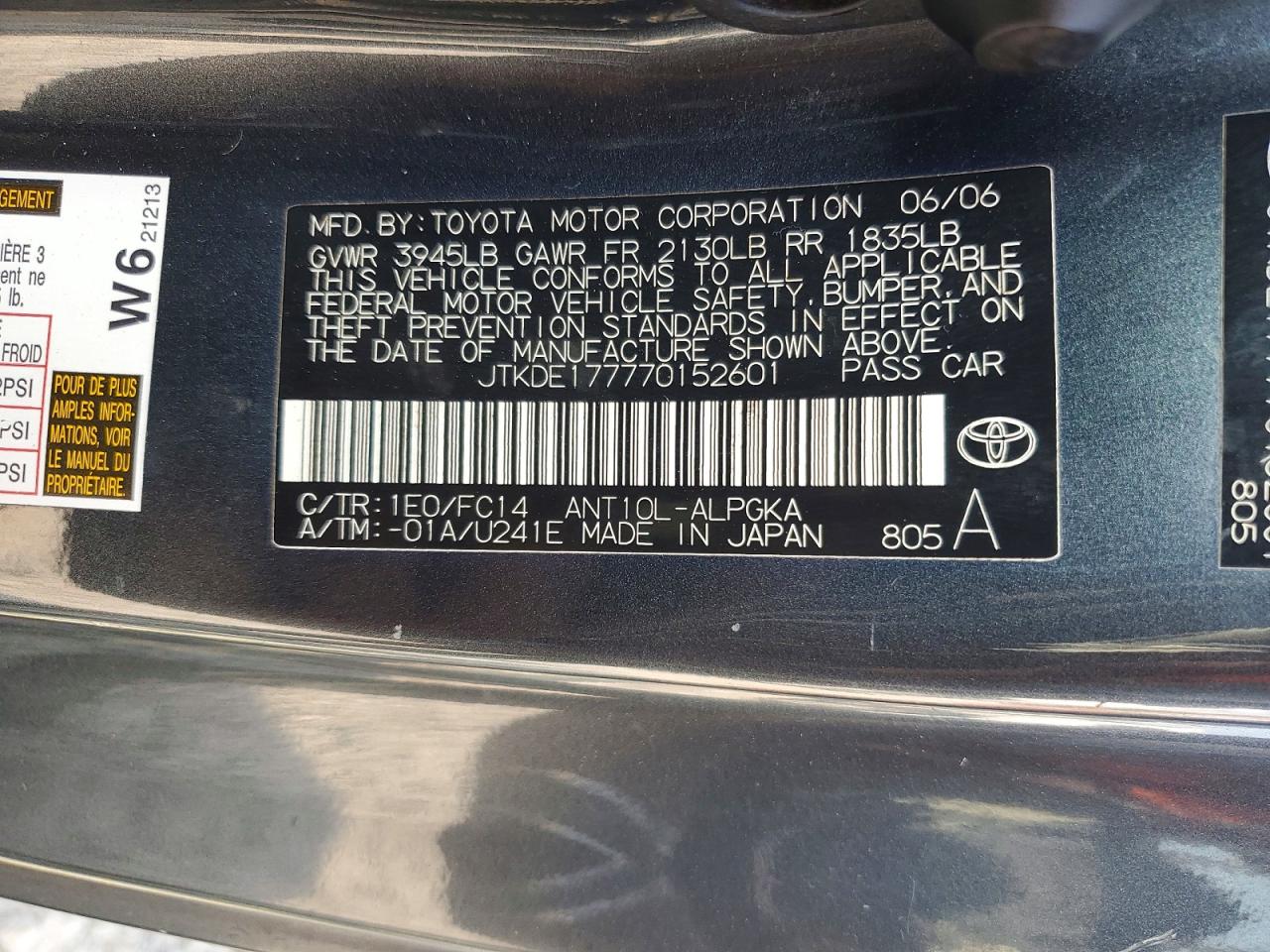 JTKDE177770152601 · 2007 SCION TC · 12/12