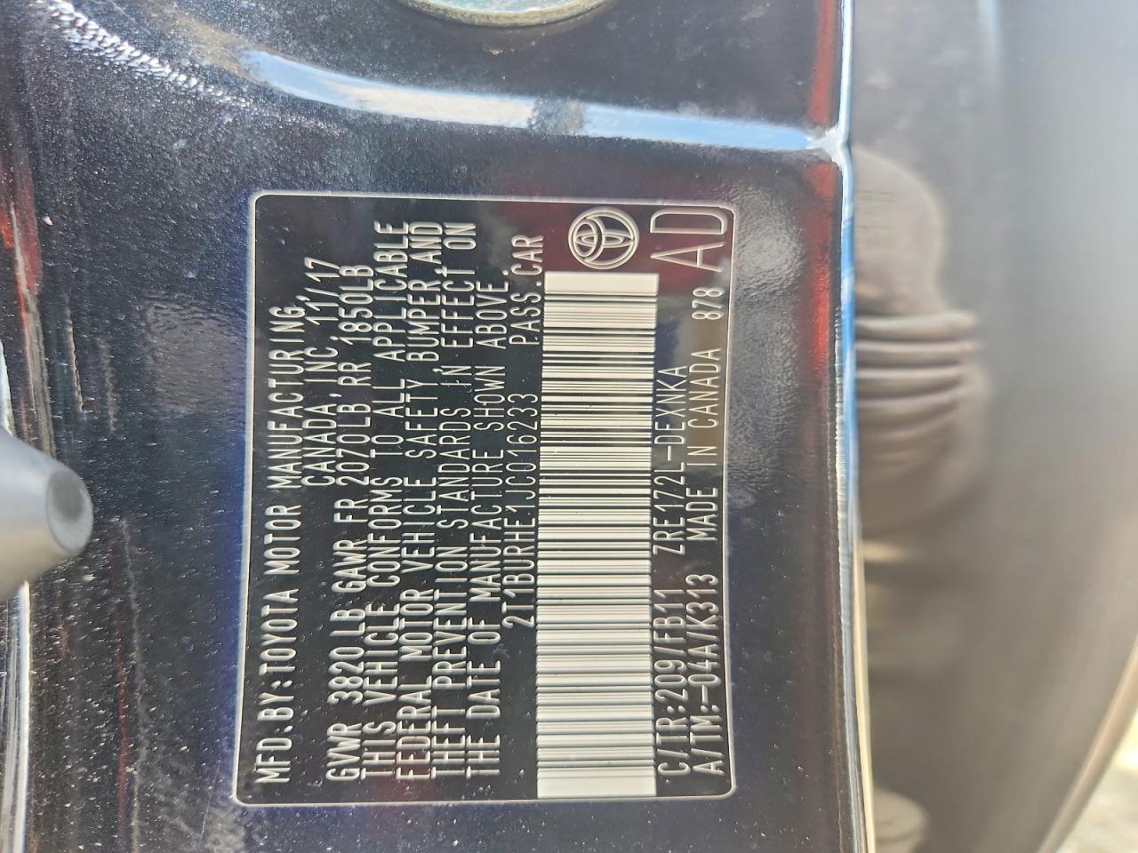 2T1BURHE1JC016233 · 2018 TOYOTA COROLLA · 12/12
